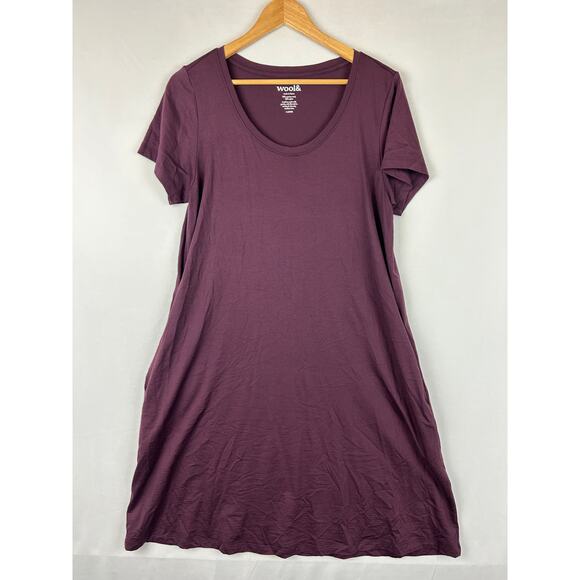 Wool& WoolAnd Maggie Merino Wool Swing Dress Short Sleeve Purple Women's L Long - Picture 1 of 8